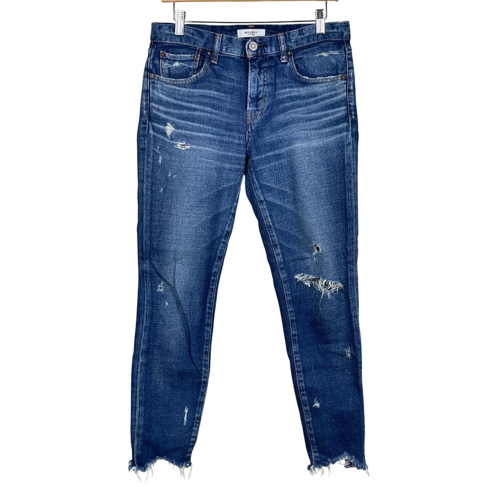 Moussy Vintage Women Blue Distressed Slim Tapered Jeans Size 27 Raw Hem